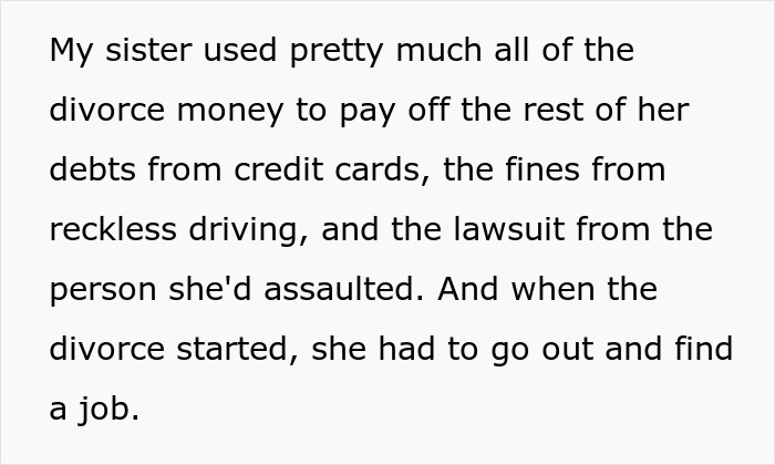 Text excerpt about a woman’s divorce debts and job search, related to parenting conflict and brother’s interference.