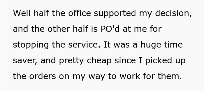 Office text conversation about a coworker stopping lunch pickups due to entitlement causing conflict.