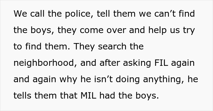 Text excerpt describing police involvement after a religious MIL kidnaps couple’s son in a revenge case. Text excerpt describing police involvement after a religious MIL kidnaps couple’s son in a revenge case.