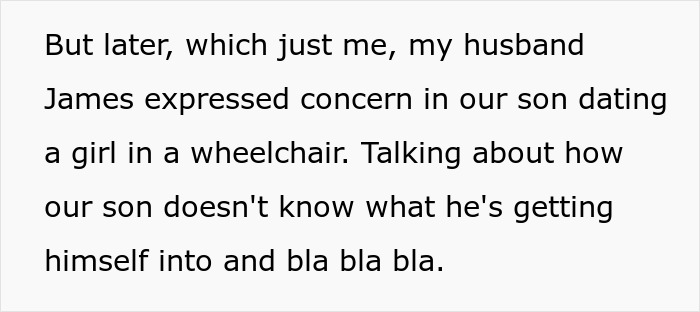 Text excerpt showing an ableist dad worried about his 13-year-old son dating a wheelchair user.