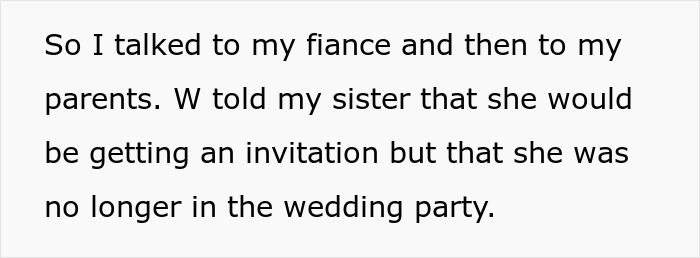 Text excerpt showing a woman explaining how her sister refuses to plan wedding and gets demoted to guest status.