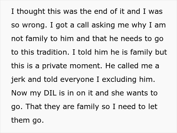 Text about family visits to late wife’s grave and drama when kids’ spouses insist on joining private tradition. Text about family visits to late wife’s grave and drama when kids’ spouses insist on joining private tradition.