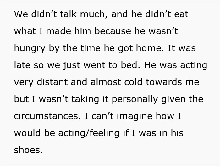 Text excerpt describing a woman bringing leftovers to support her mourning boyfriend who is distant and unresponsive.