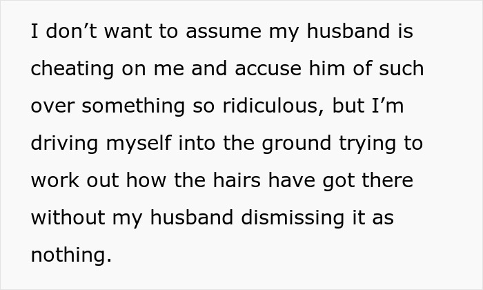 Text excerpt about finding long hairs and feeling suspicious of husband, highlighting emotional confusion and doubt.
