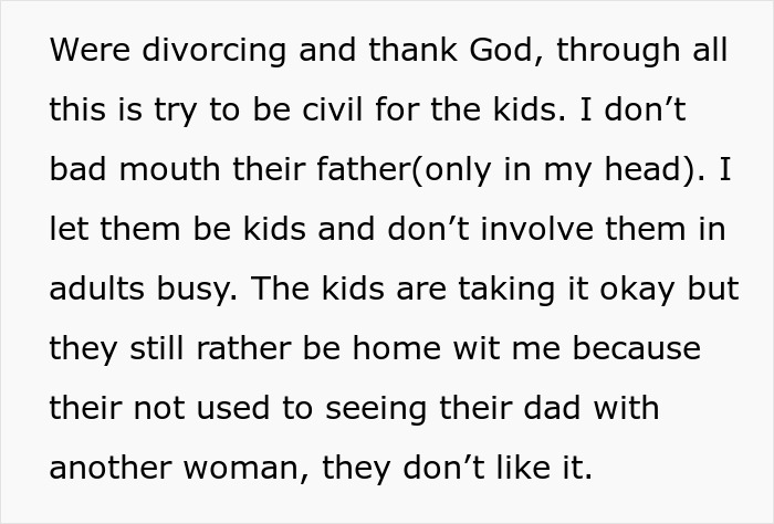 Text excerpt showing a mother discussing divorce and children struggling with their dad&rsquo;s new partner and family changes.