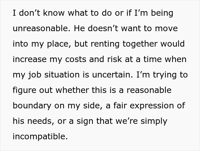 Text discussing a man who wants to move in with his girlfriend but refuses to live in the apartment she owns.