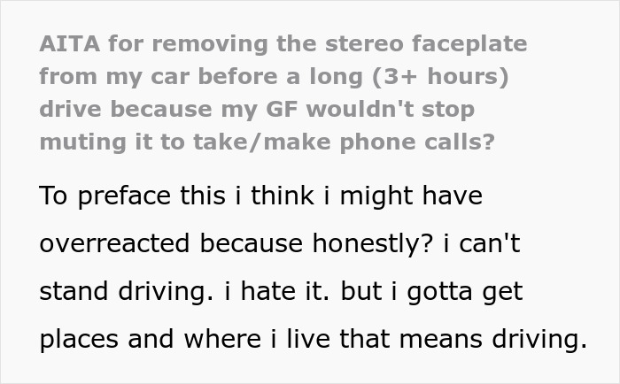 Text post about a partner annoyed by faceplate removal and muting music during phone calls in a car.