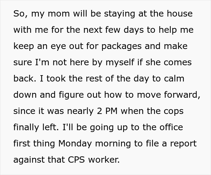 Text about a couple suspecting wife's step-mom stealing all their food leading to a potential CPS visit.