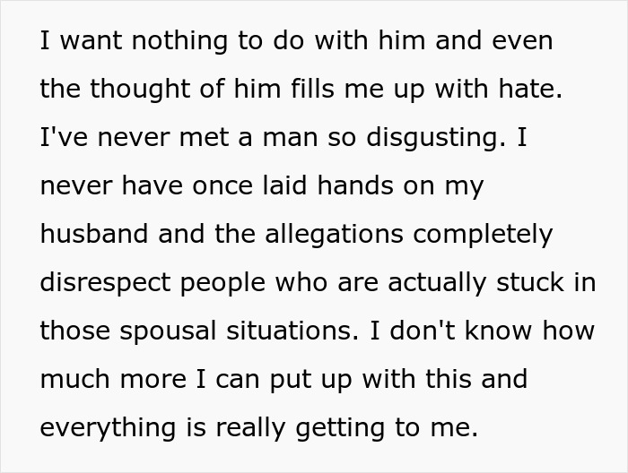 Text excerpt showing a distressed woman denying a***e allegations and expressing frustration about a man spinning a tale.