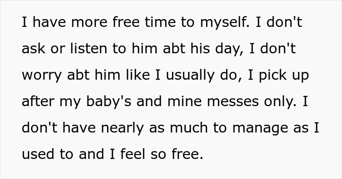 Text excerpt showing a wife reflecting on having more free time and less emotional effort toward her husband’s needs. Text excerpt showing a wife reflecting on having more free time and less emotional effort toward her husband’s needs.