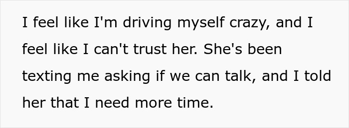 Text expressing feelings of confusion and distrust in a lesbian couple dealing with a partner's pregnancy situation.