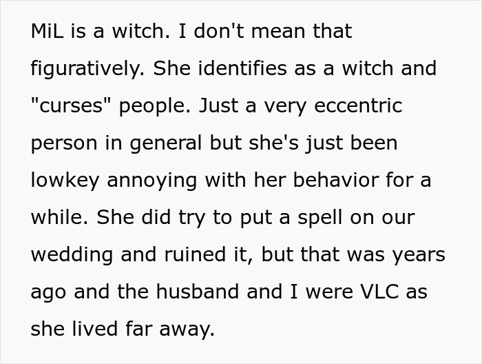 Text excerpt from a woman describing her mother-in-law as eccentric and claiming she tried to curse their wedding.