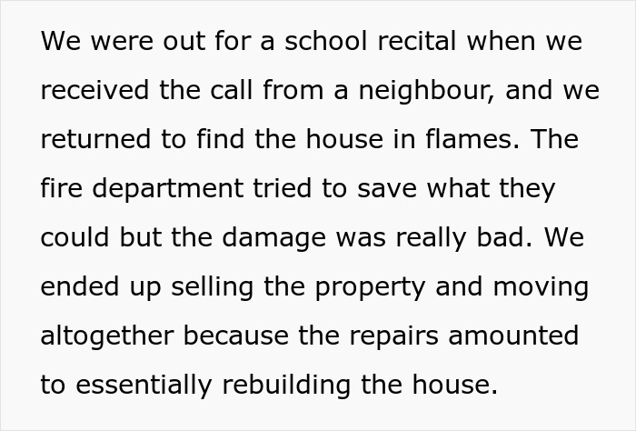 Text describing a house fire and damaged property, highlighting the lack of sympathy from evil MIL after the incident.
