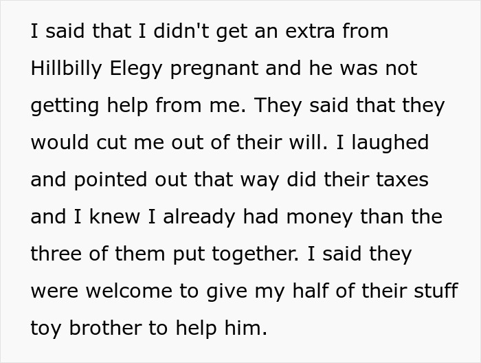 Text excerpt discussing a man refusing to help his spoiled brother, causing parents to be upset and financial conflicts.