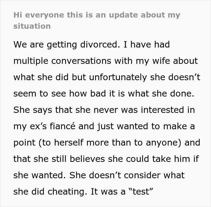 Text update about a man divorcing his mistress-turned-wife exposing her insecurity over his ex marrying a rich man. Text update about a man divorcing his mistress-turned-wife exposing her insecurity over his ex marrying a rich man.