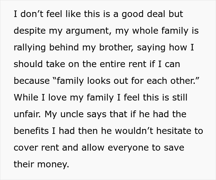 Text discussing family pressure and veteran bro&rsquo;s pay increases leading to unfair rent duty expectations.