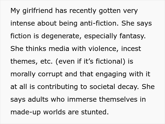 Text discussing a controlling girlfriend&rsquo;s anti-fiction stance and its impact on a guy&rsquo;s fiction mania.