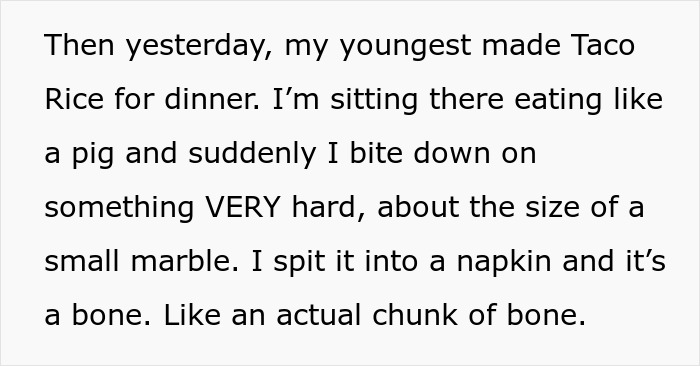 Text excerpt describing a man’s experience with throat pain and discovering a bone causing discomfort while eating.