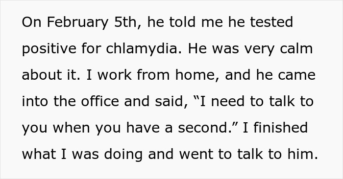 Text excerpt discussing a boyfriend telling about testing positive for chlamydia, hinting at cheating in relationship.