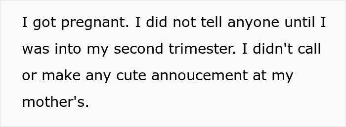 Text excerpt discussing a pregnancy announcement delayed until the second trimester, relating to child out of spite. Text excerpt discussing a pregnancy announcement delayed until the second trimester, relating to child out of spite.