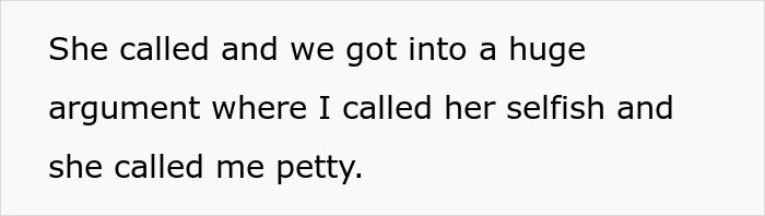 Text on screen showing a heated argument between family members about favors and selfishness.