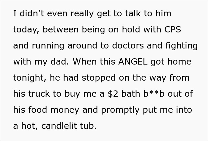 Text excerpt about struggles with CPS and a loved one buying bath supplies after food issues related to a suspected food theft.