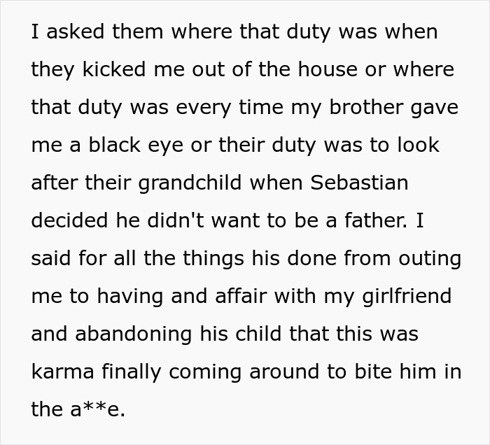 Text excerpt showing a man reflecting on family duty, betrayal, and karma after his brother&rsquo;s harmful actions.