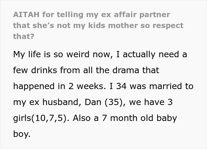 Text post about relationship drama involving an arrogant mistress, children, and conflict between ex-partners.
