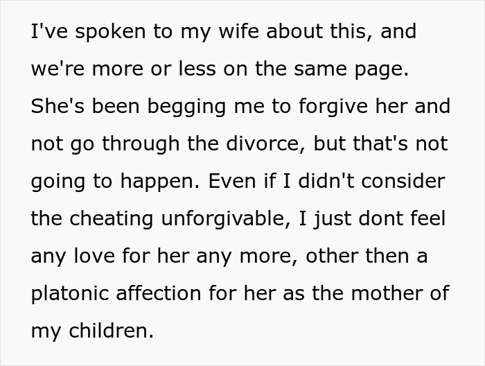 Text screenshot showing a husband discussing his wife&rsquo;s betrayal and asking for forgiveness but refusing divorce after her secret is exposed.