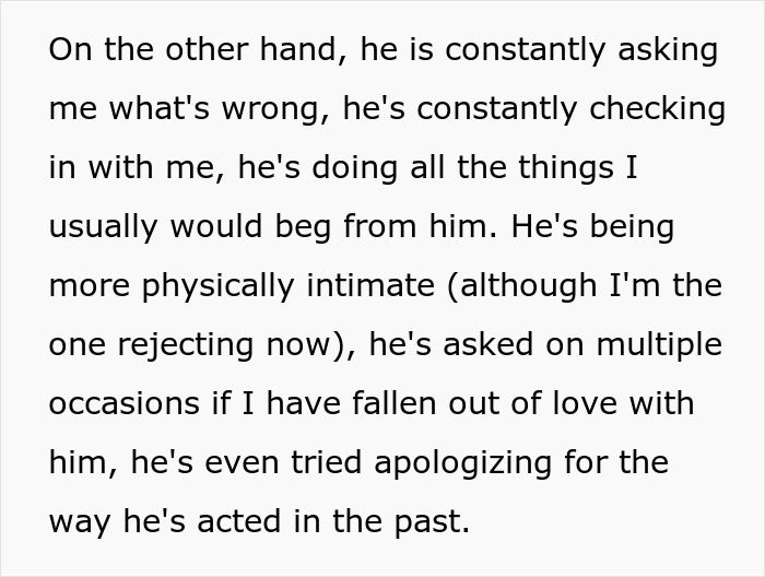Wife realizes she won’t receive comfort from husband, responds with equal effort in their relationship dynamics. Wife realizes she won’t receive comfort from husband, responds with equal effort in their relationship dynamics.