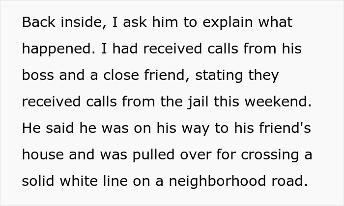 Text excerpt about a jailed husband explaining his arrest for crossing a solid white line on a road.