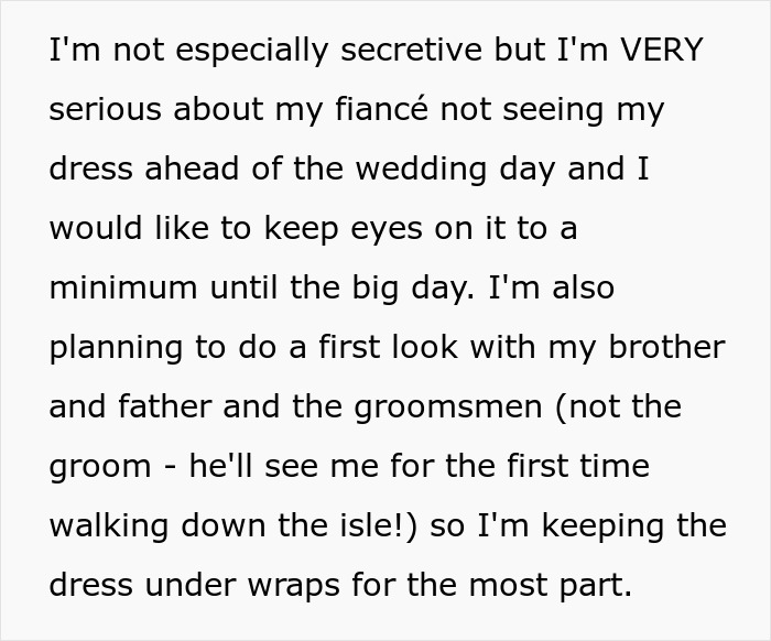 Text about a bride keeping her wedding dress secret, highlighting attention-seeking mom wanting same dress for 3YO daughter.