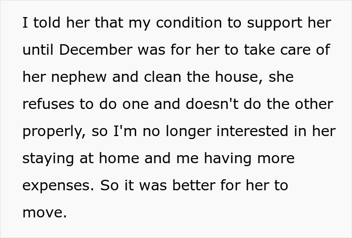 Text excerpt explaining a woman refuses to house sister after she refuses to babysit and clean properly.