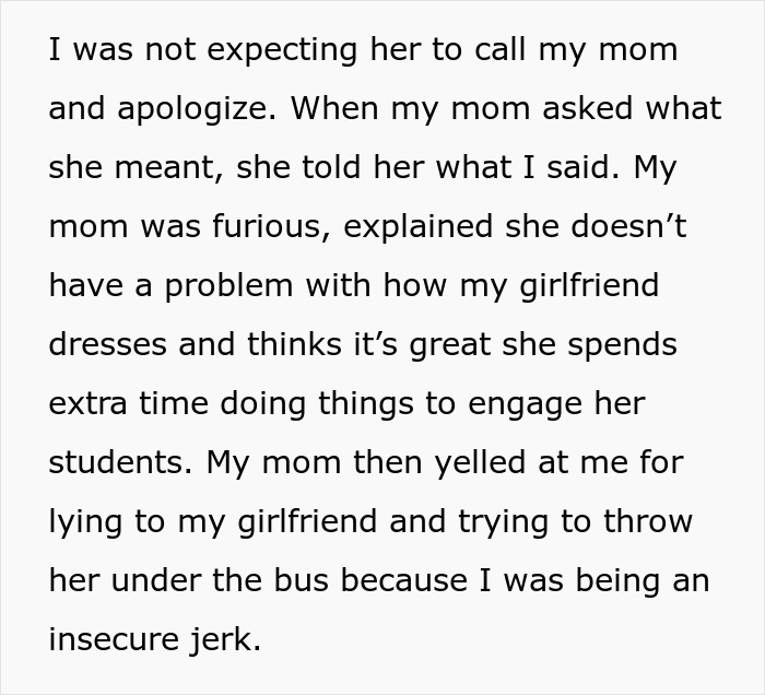 Text about a man&rsquo;s mom defending his girlfriend&rsquo;s Ms. Frizzle style dressing and confronting him for insecurity.