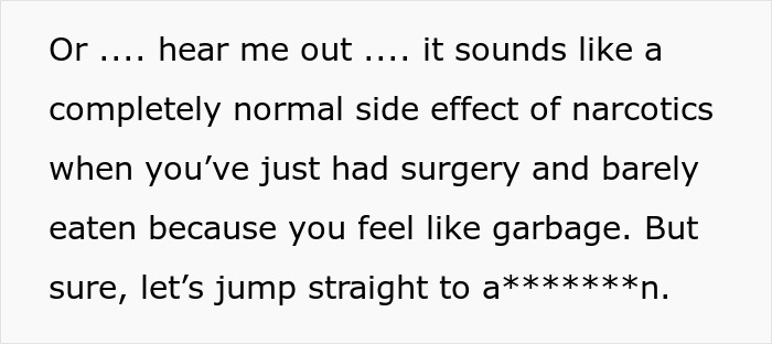 Text discussing postpartum boundaries and the impact of narcotics side effects after surgery, with strong language implied.
