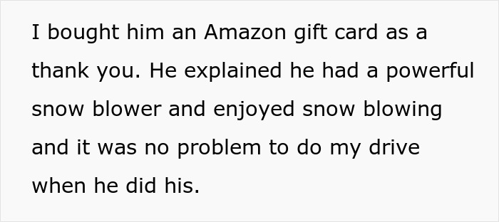 Text excerpt about a woman&rsquo;s neighbor explaining his powerful snow blower and helping with snow blowing duties.