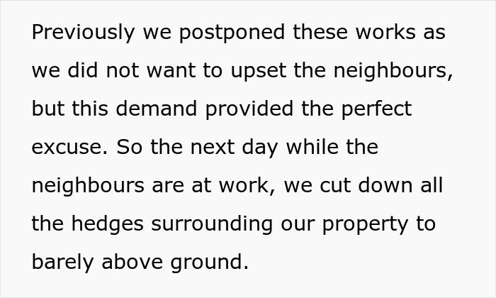 Text excerpt describing neighbors forcing woman to trim living hedge, leading her to maliciously comply by cutting hedges low.