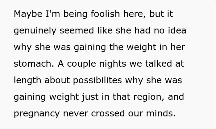 Text describing confusion in a lesbian couple about unexpected weight gain and the possibility of pregnancy.