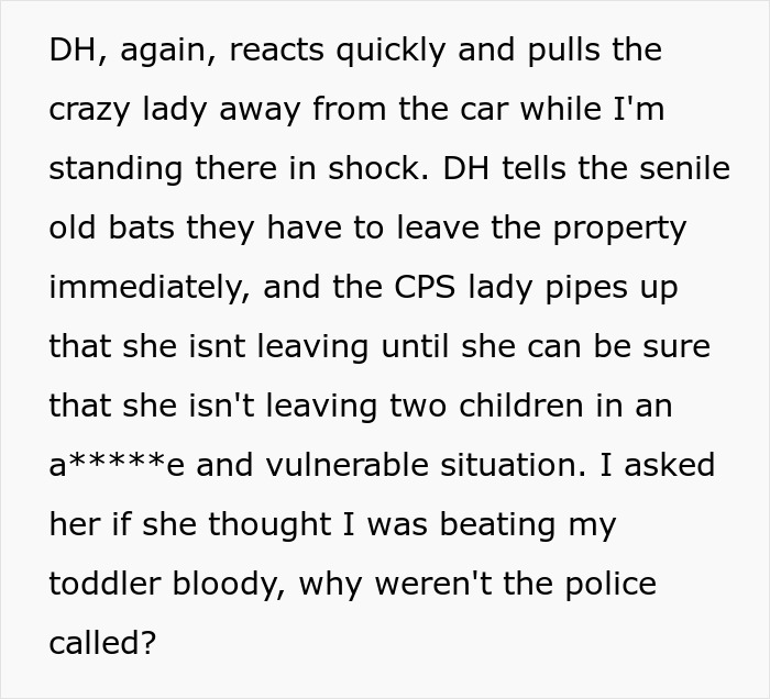 Text excerpt describing a couple suspecting wife's step-mom of stealing food, prompting a CPS visit.