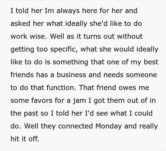 Text excerpt about helping with work connections and favor exchange in a sister relationship cheater work drama context.