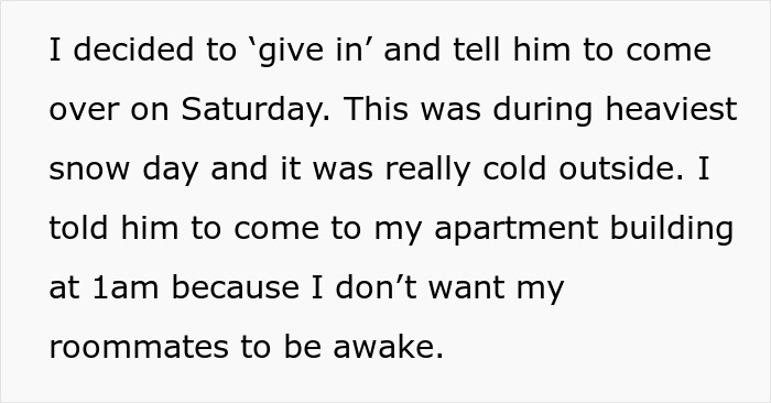 Excerpt of a message describing a late-night meeting decision during heavy snow in ghoster relationship messages revenge context.