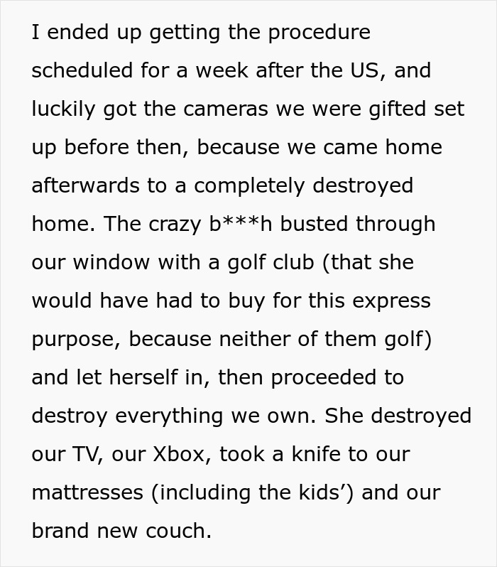 Alt text: Text describing a chaotic home destruction incident linked to a suspicious step-mom accused of stealing food