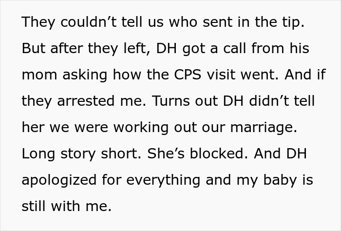 Text excerpt about new parents dealing with CPS visit and false accusations involving the mother-in-law's interference. Text excerpt about new parents dealing with CPS visit and false accusations involving the mother-in-law's interference.