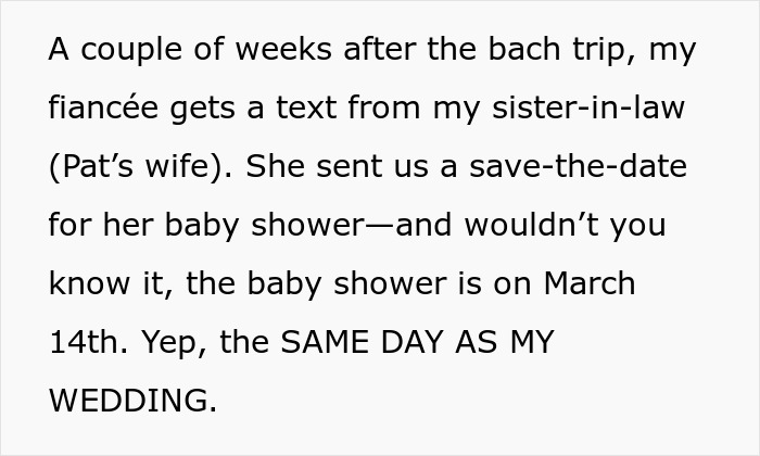 Text discussing drama caused by groom&rsquo;s brother and a conflicting baby shower on the same wedding day.