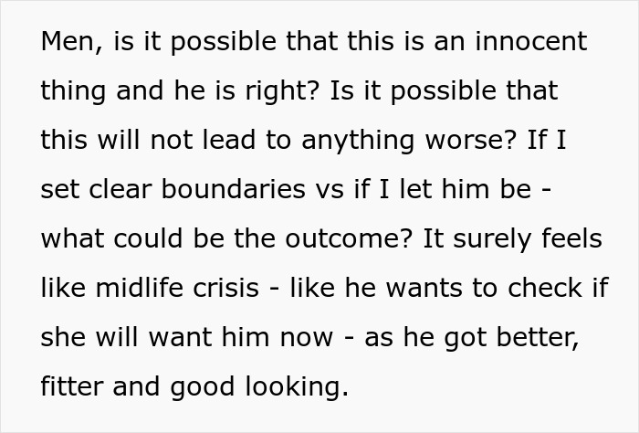 Text discussing a married man texting a woman he loved 15 years ago and concerns about boundaries and midlife crisis.