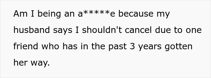 Text showing frustration about a husband saying not to cancel plans due to friend&rsquo;s strict diet enforcement.