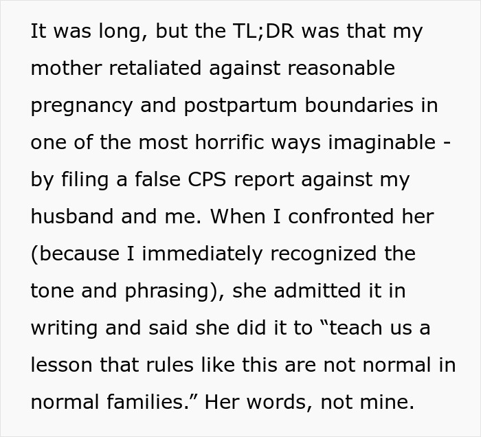 Text excerpt describing a mother retaliating against postpartum boundaries by filing a false CPS report.