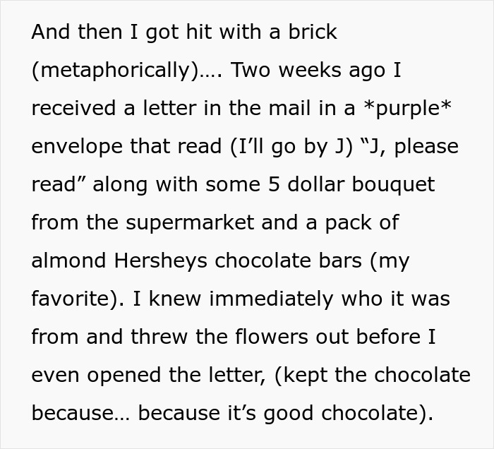 Text excerpt showing a letter and gift from a cheater who keeps popping back into his girlfriend&rsquo;s life.