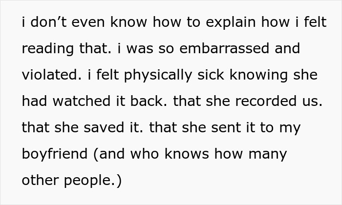 Text expressing feelings of embarrassment and violation after being secretly recorded by a weird mom spying with hidden cameras. Text expressing feelings of embarrassment and violation after being secretly recorded by a weird mom spying with hidden cameras.