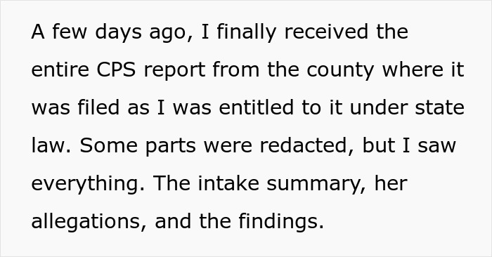 Text excerpt discussing receiving a CPS report detailing postpartum boundaries allegations and related findings.